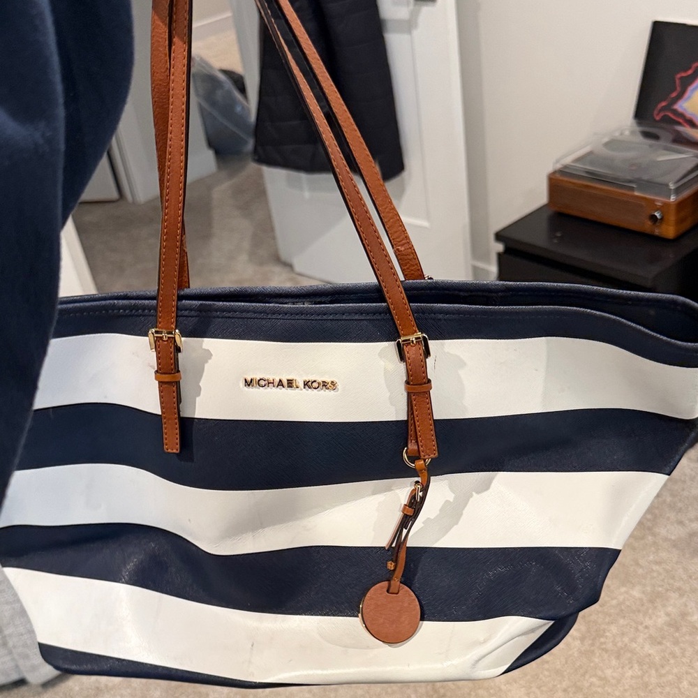 Michael Kors Navy and White Tote with Tan Straps